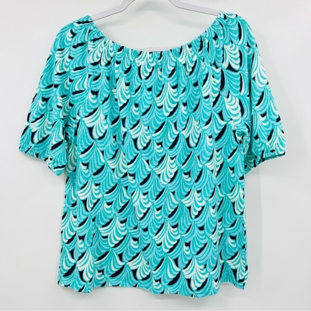 Talbots Women Blue White Geo Round Neck Elastic Half Sleeve Cotton Blend Top Med